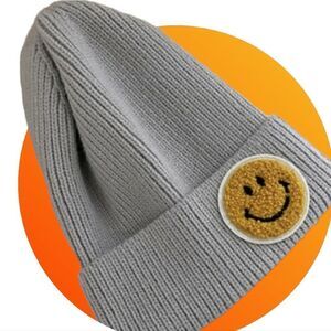 Knit ribbed smiley face hat beanie, grey